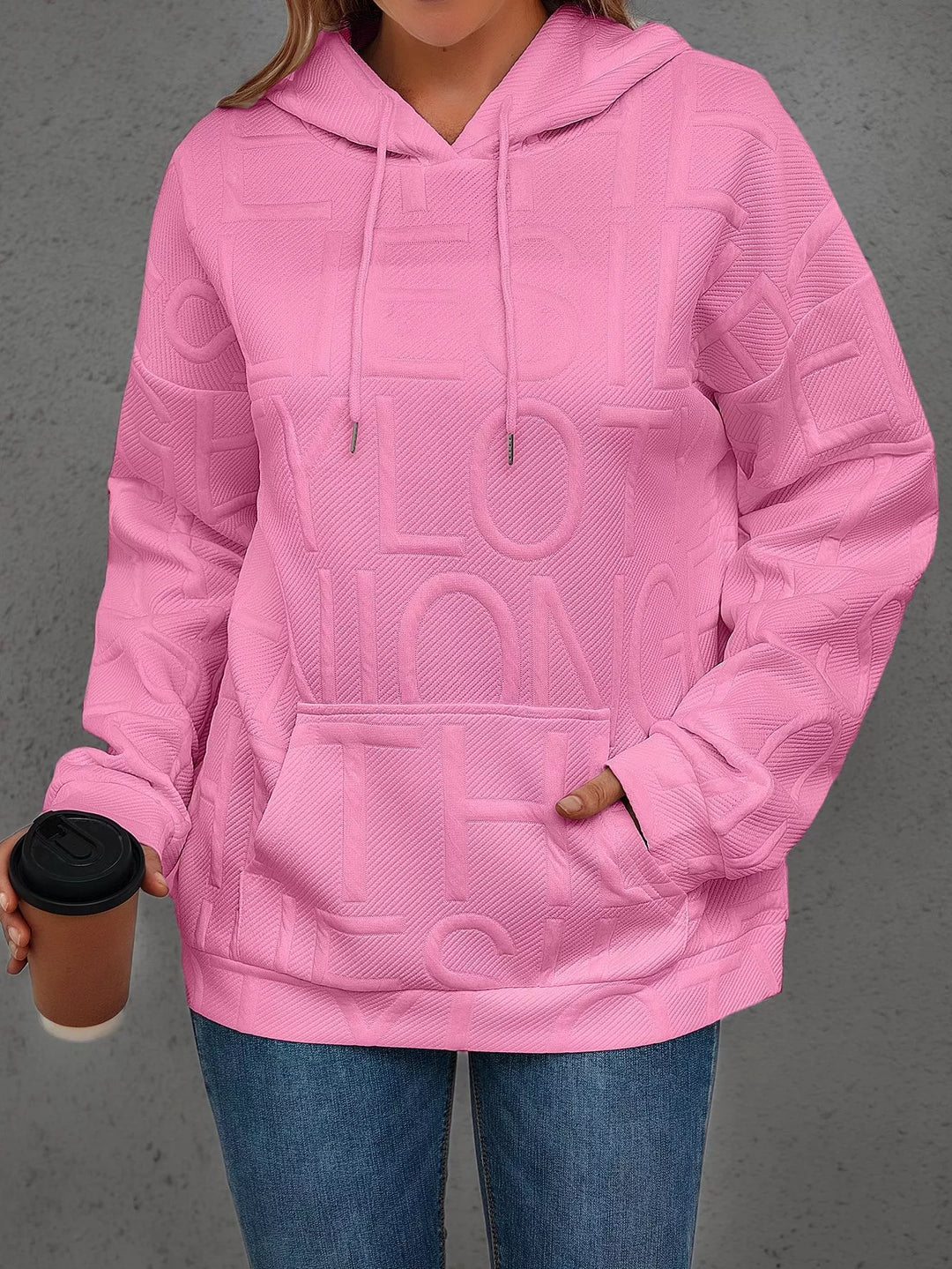 Textured embossed letter pullover hoodie with front pocket