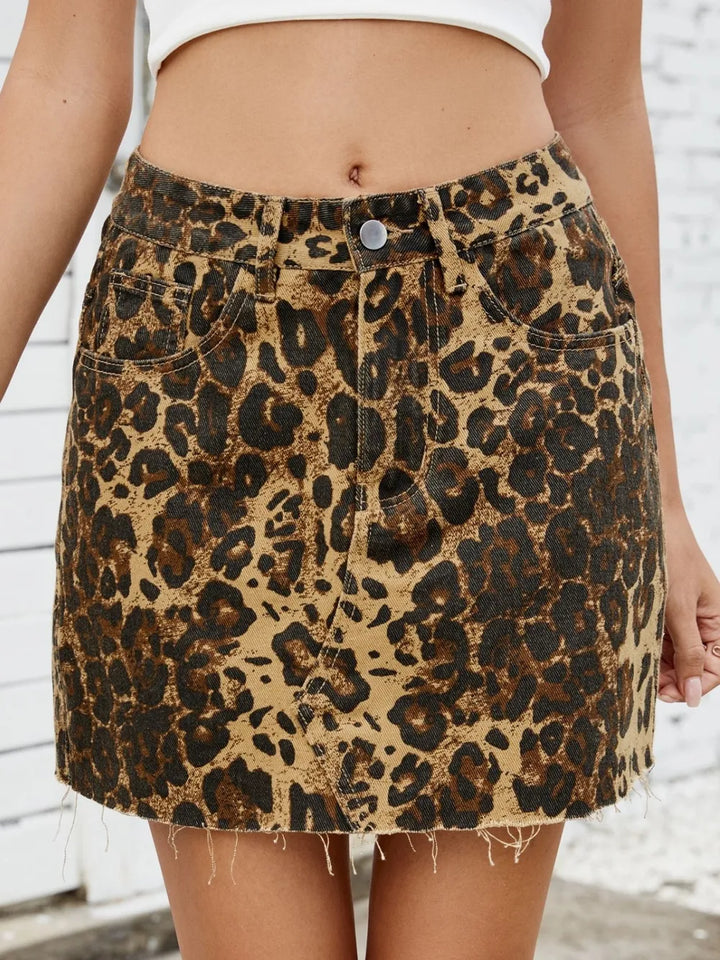 Leopard print raw hem denim mini skirt