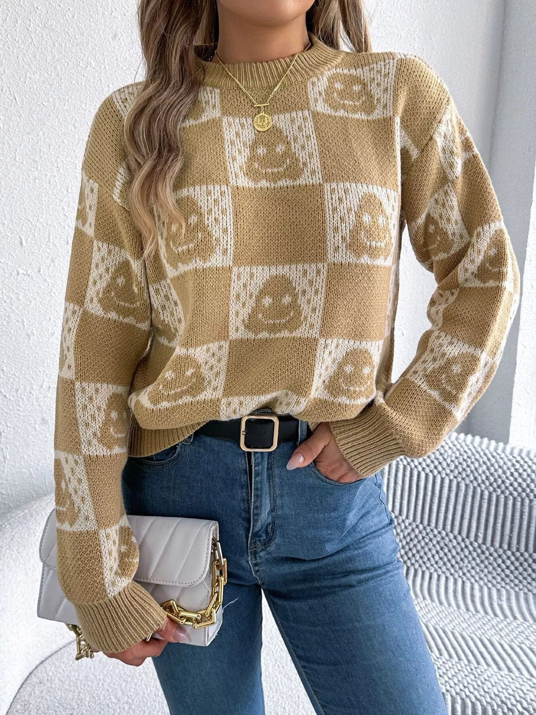 Checkered ghost print crew neck sweater with ribbed cuffs