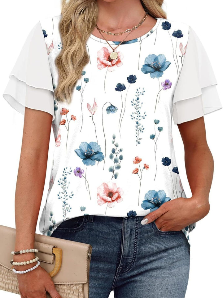 Layered leopard ruffle sleeve round neck top