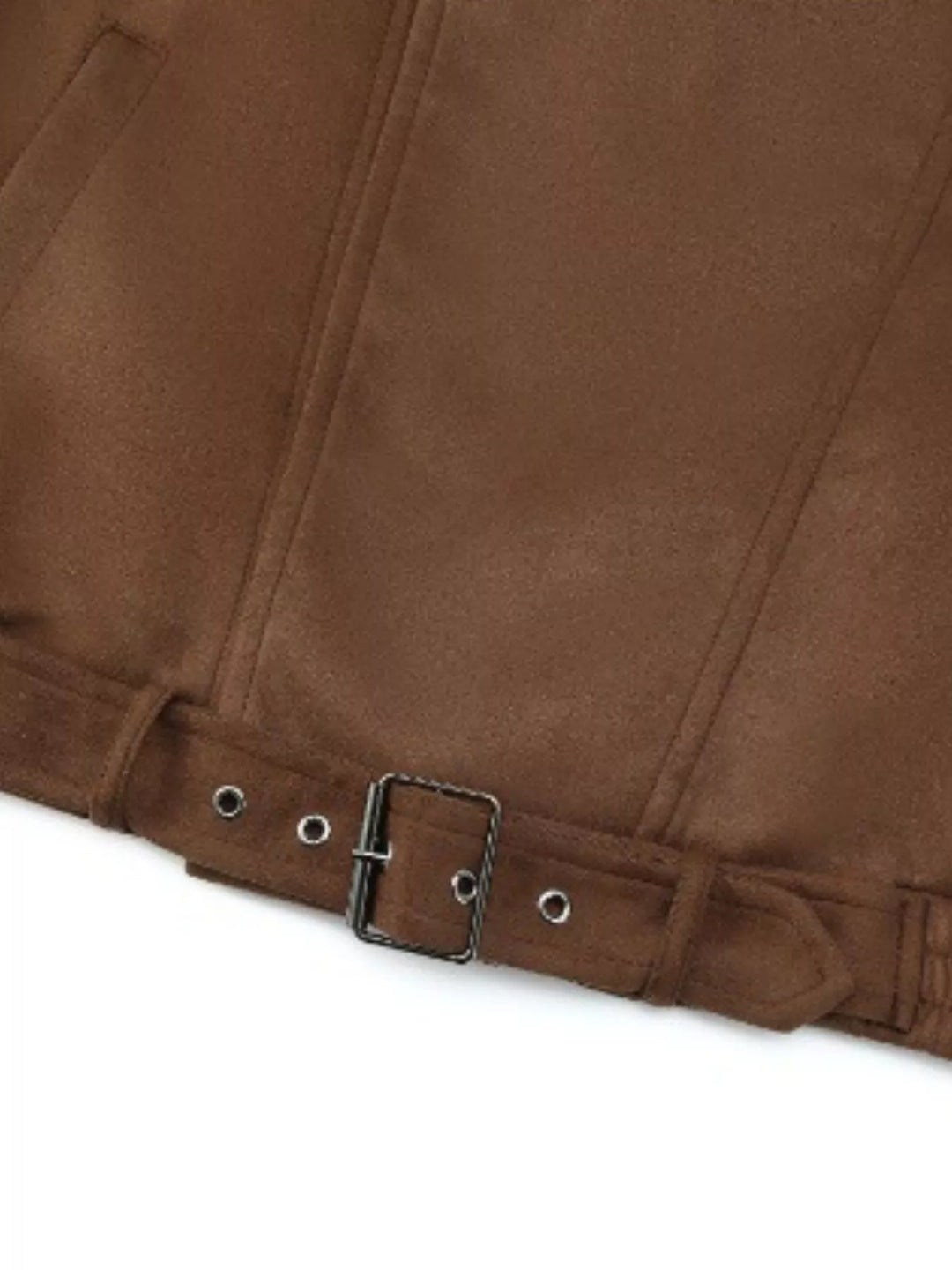 Faux suede moto jacket with asymmetrical zip and belted hem
