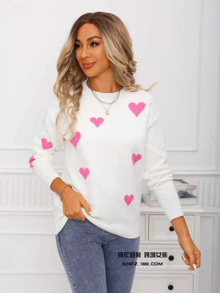 Contrast heart knit crewneck pullover sweater