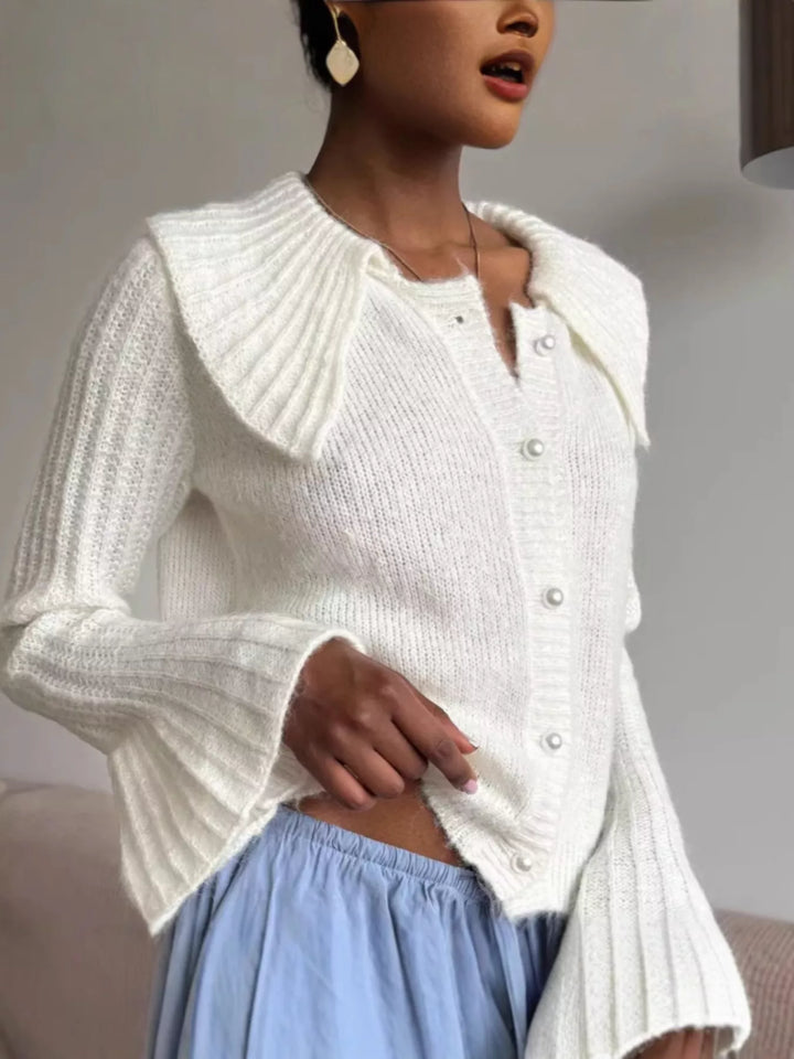 White Ribbed knit cardigan with oversized collar and bell sleeves