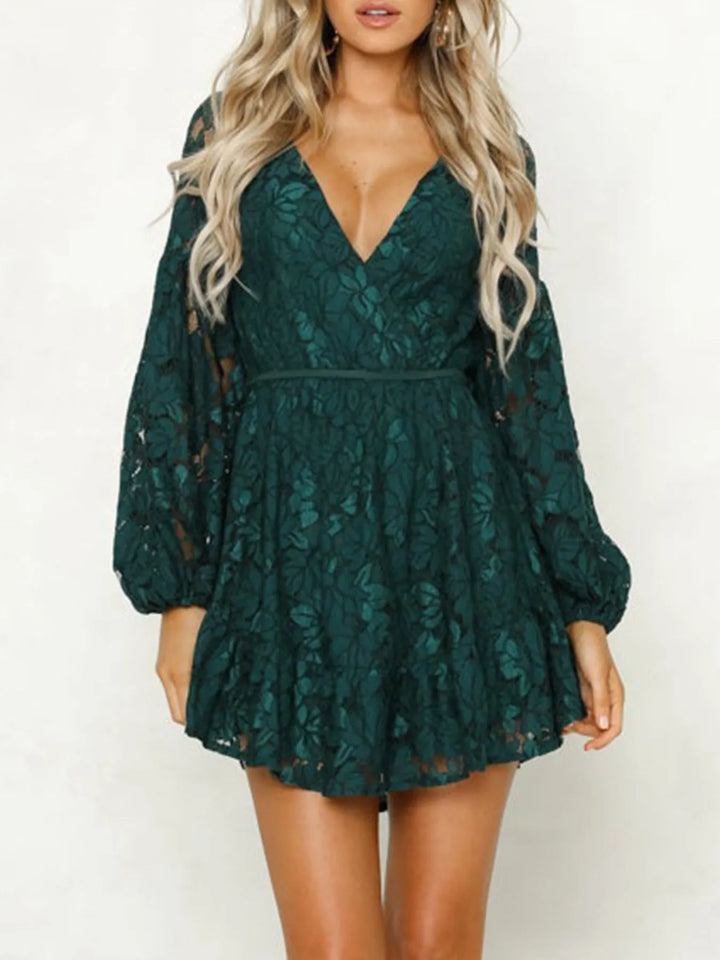 Floral lace V-neck long sleeve mini dress