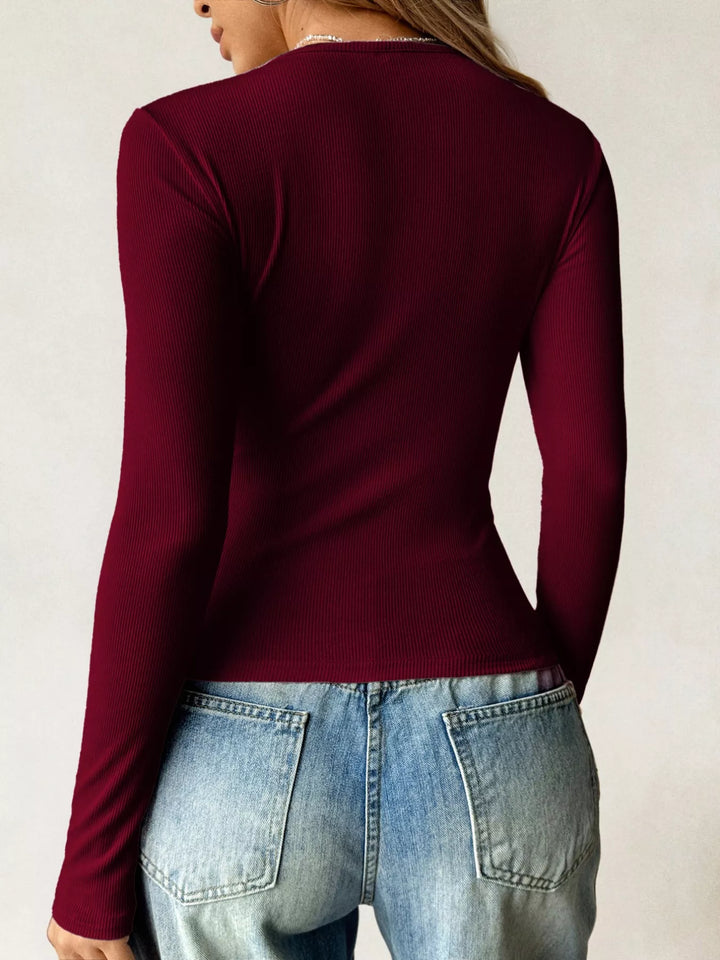 Ribbed knit long sleeve fitted top with scoop neck