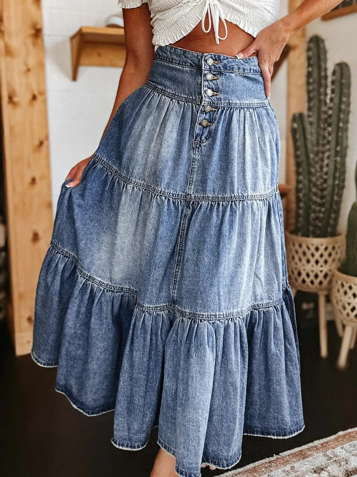 Medium High-rise tiered button-fly denim maxi skirt