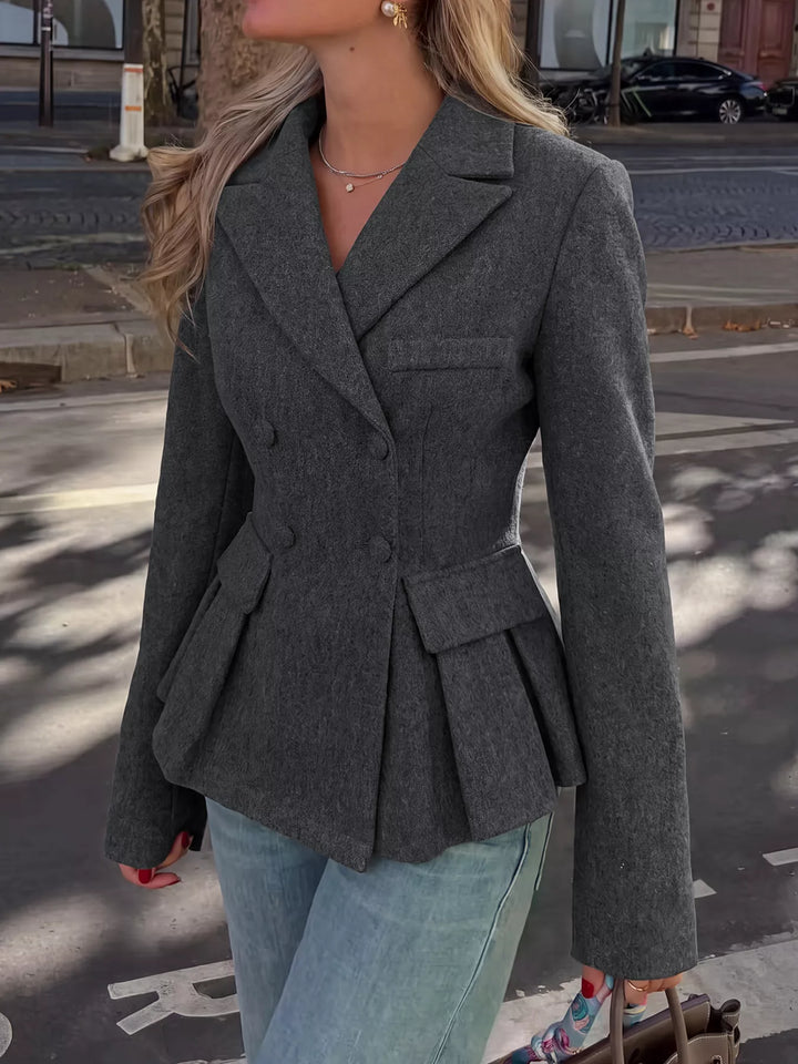 Double-breasted peplum blazer with notch lapel and flap pockets