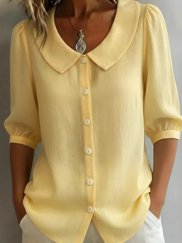 Light Yellow Peter Pan collar button-down blouse with 3/4 sleeves
