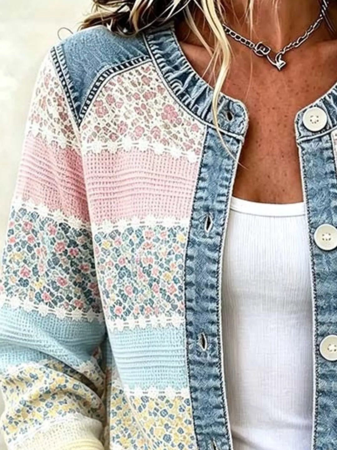 Floral patchwork jacket with denim trim and button front