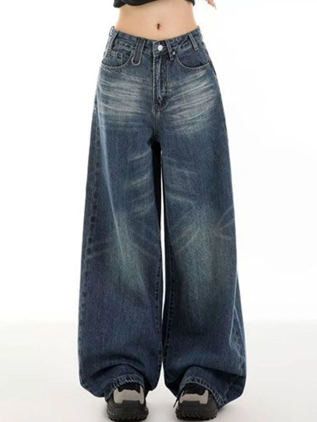 Vintage wash wide-leg jeans with whiskered fade