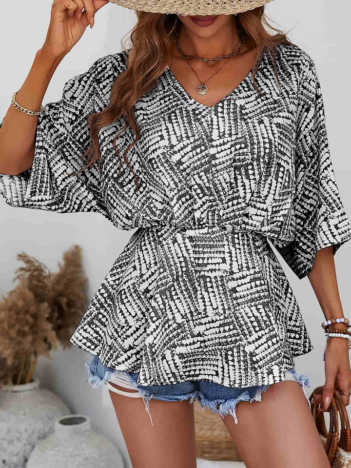 Black Abstract print V-neck dolman sleeve blouse
