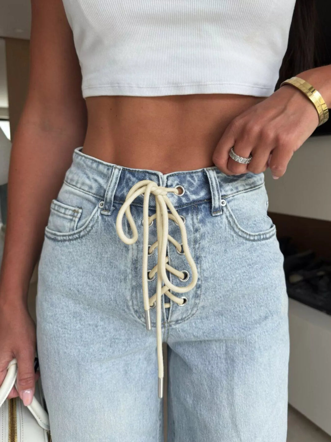 Lace-up corset-front high-rise wide leg jeans