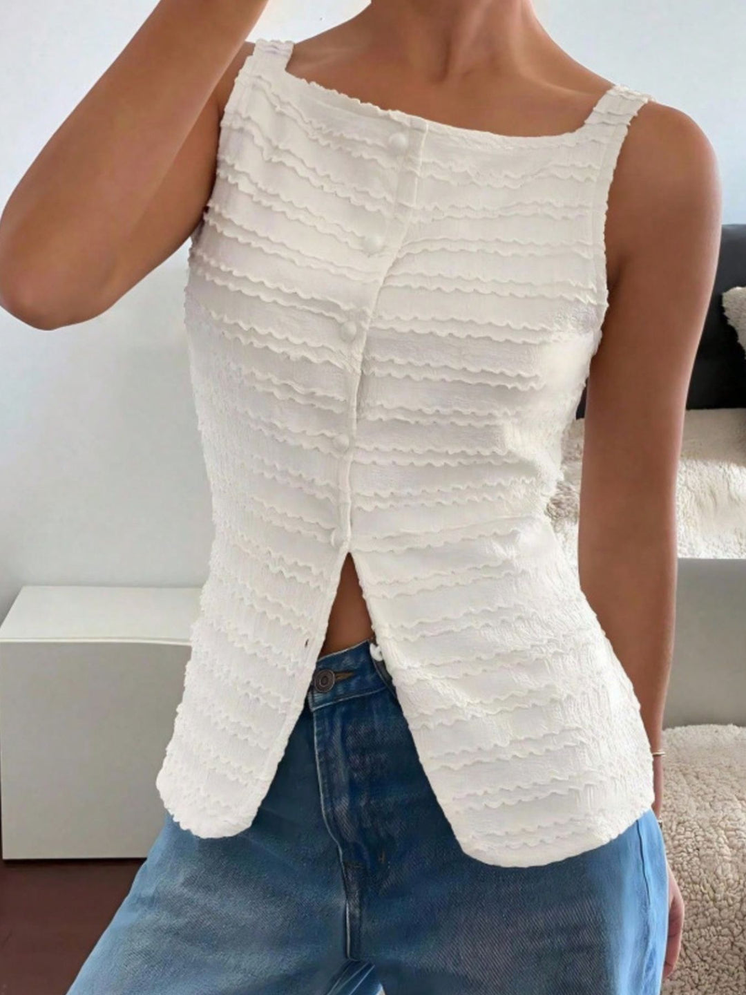 Textured button-front tank with square neck and split hem