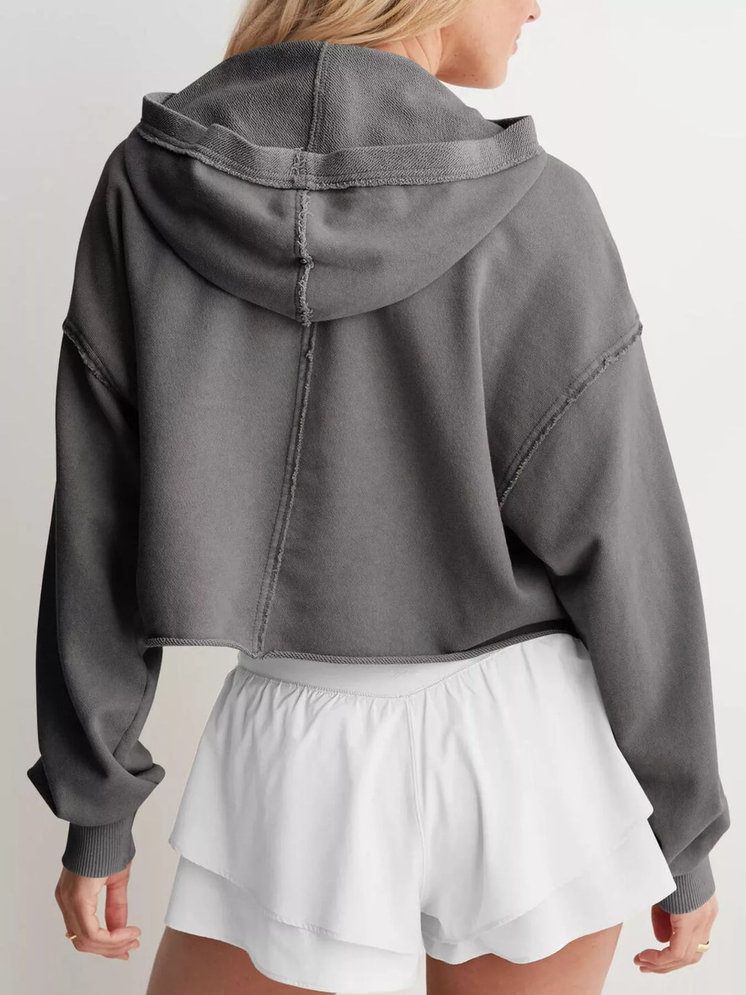 Cropped exposed-seam pullover hoodie with split neck