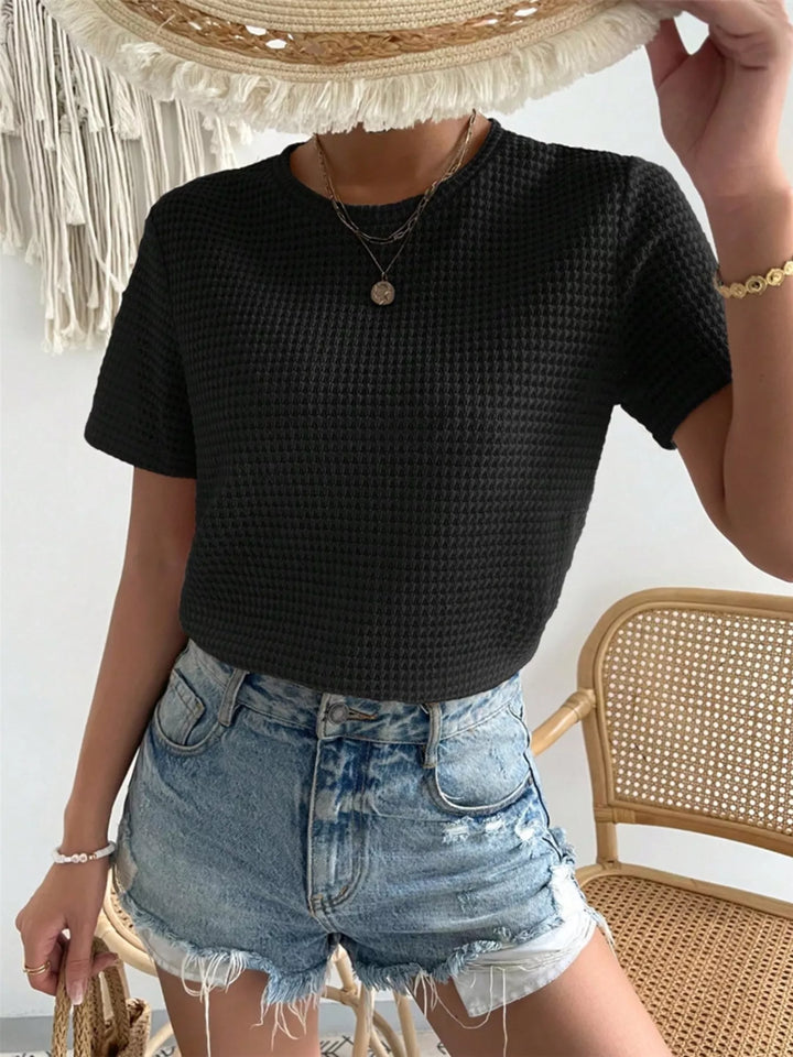 Waffle knit crew neck short sleeve top