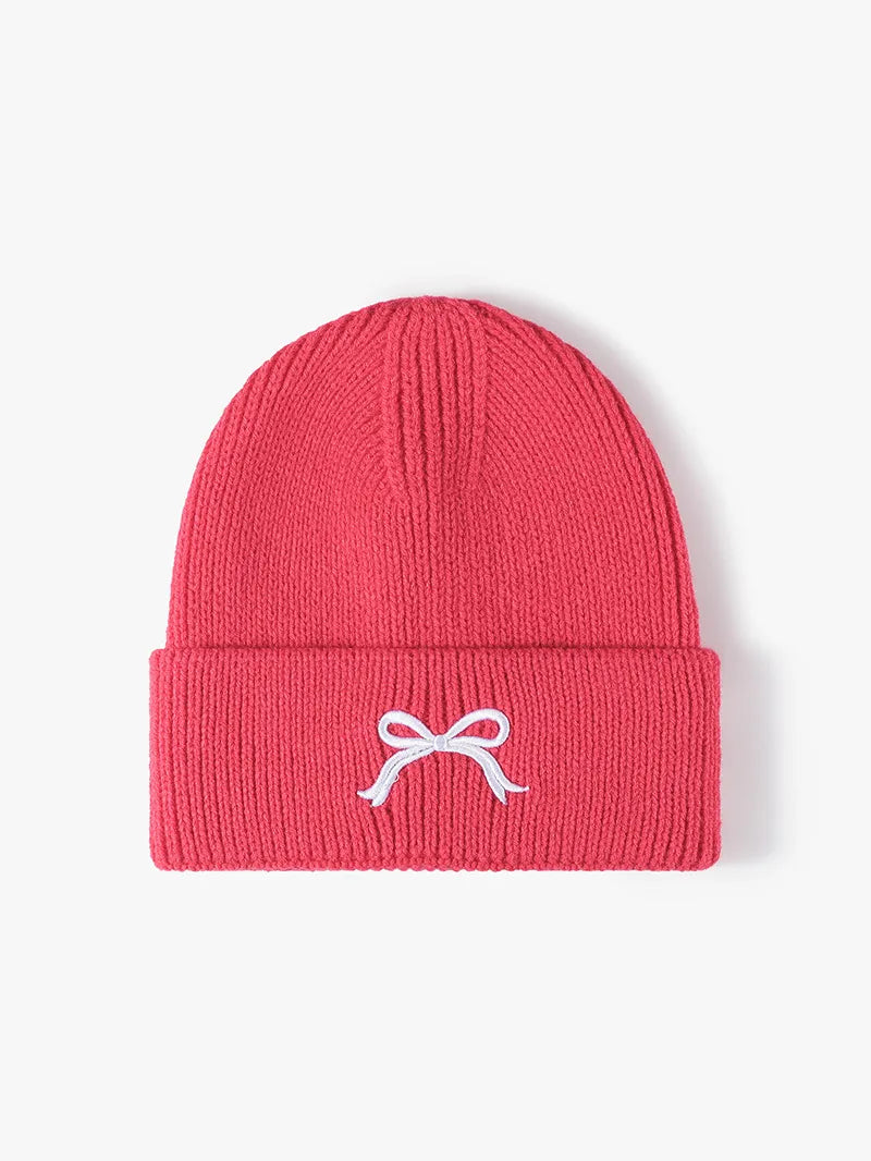 Strawberry Embroidered bow ribbed knit cuffed beanie hat