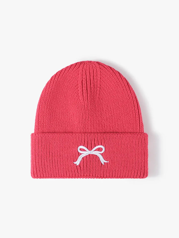 Strawberry Embroidered bow ribbed knit cuffed beanie hat