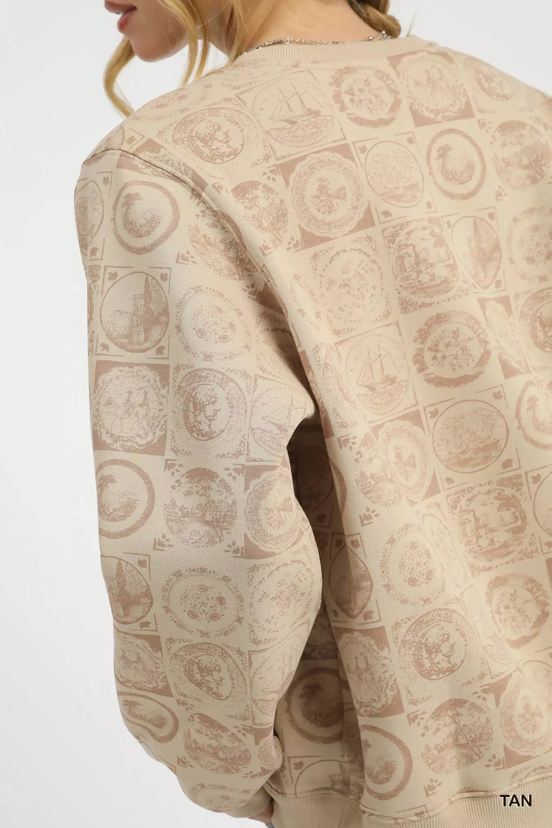 Coin stamp print pullover sweatshirt with ribbed trim