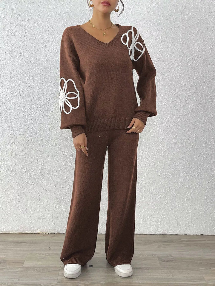 Floral embroidered V-neck sweater set with wide-leg pants