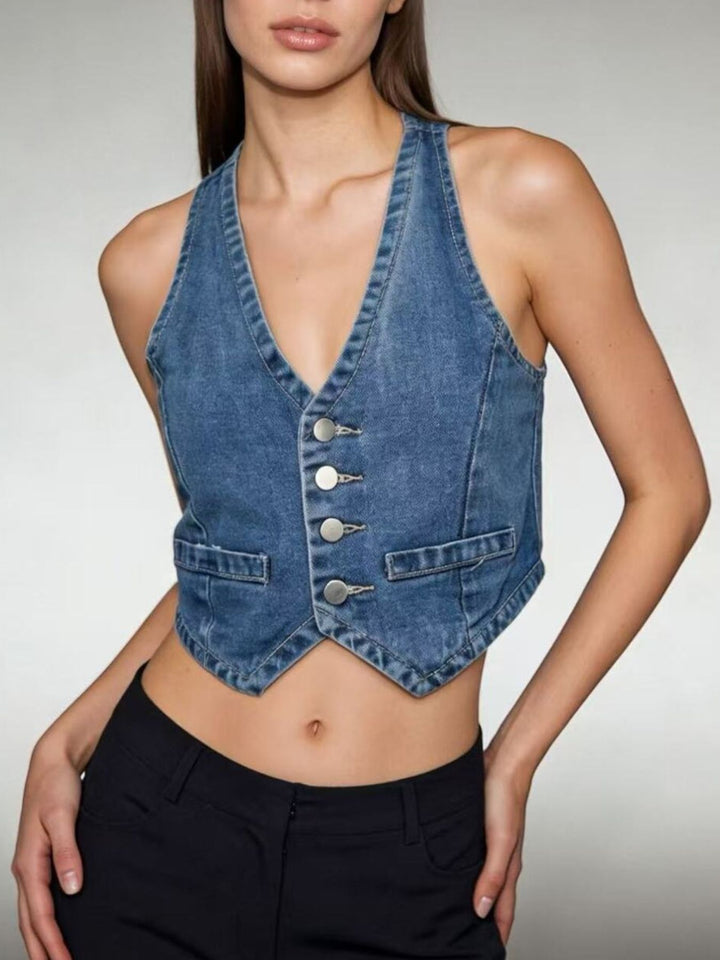 Cropped button-front denim vest with V-neck