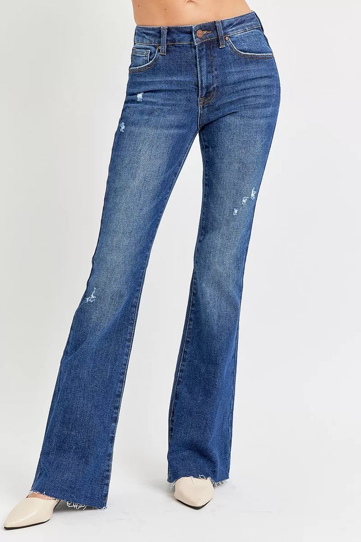 DARK Distressed mid-rise flare jeans with raw hem