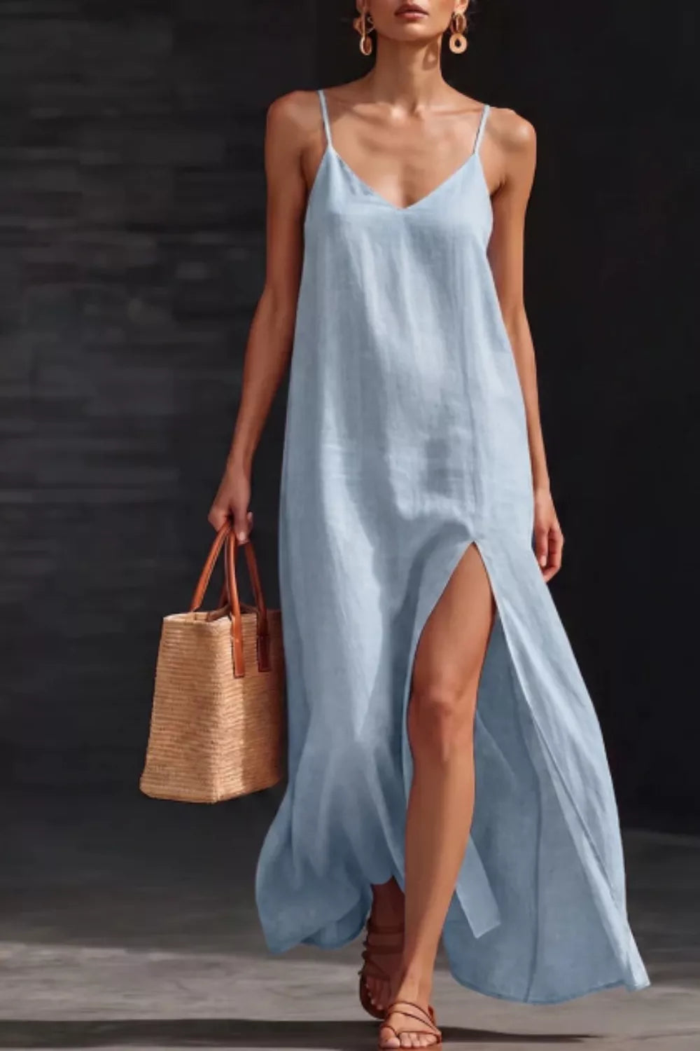 Light Blue Spaghetti strap V-neck maxi dress with side slit