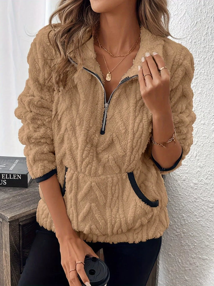 Khaki Textured fleece half-zip pullover with kangaroo pocket