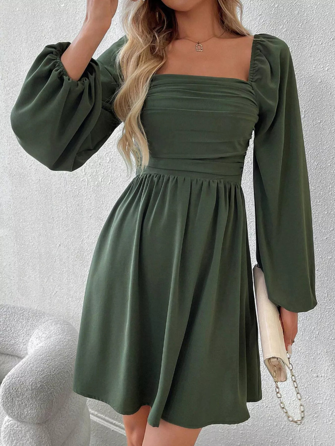 Army Green Ruched square-neck balloon sleeve A-line mini dress