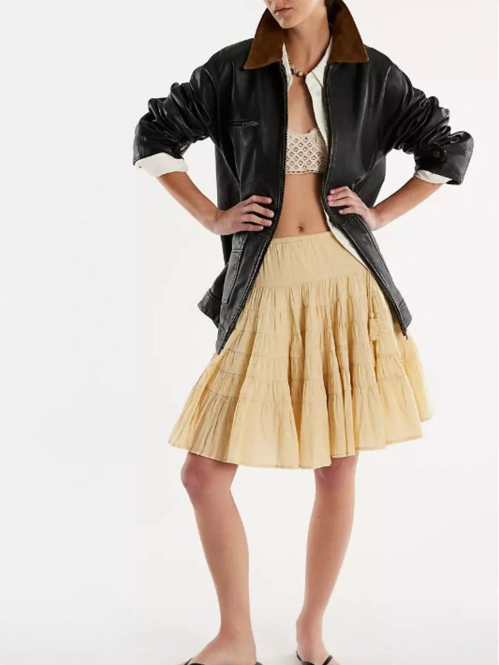 Pastel Yellow Tiered ruffle mini skirt with drawstring waist