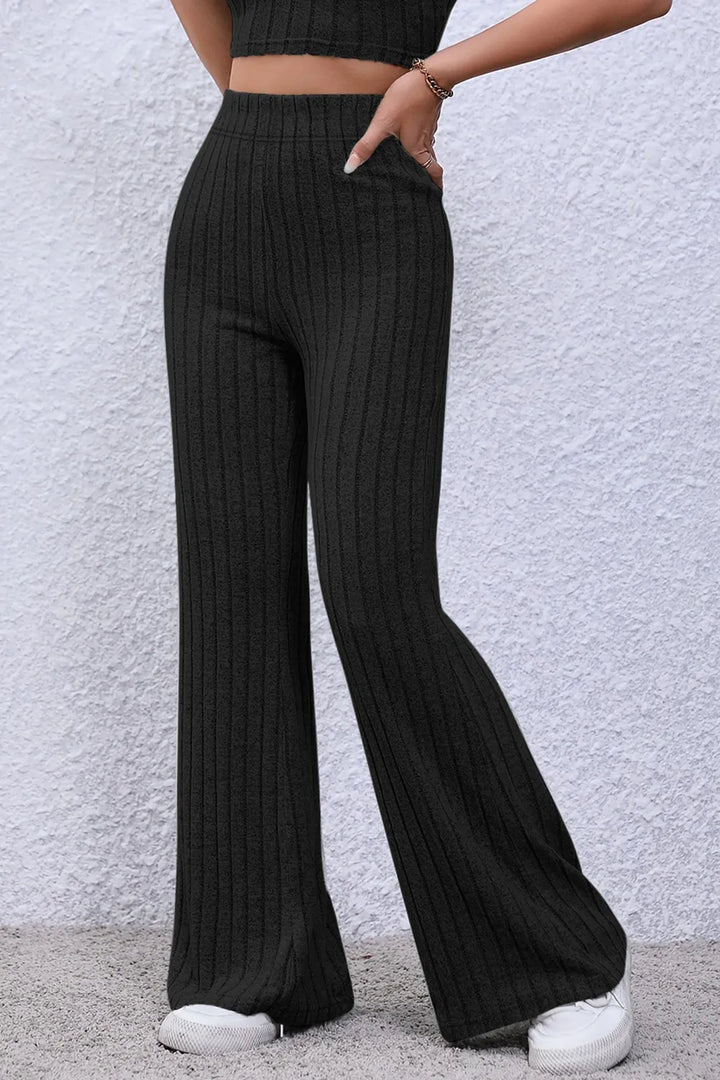 Ribbed knit high-waist flare pants with pull-on waist