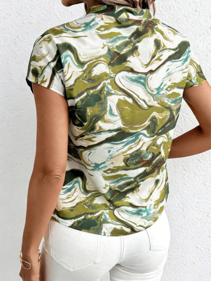 Abstract color-block V-neck short sleeve blouse
