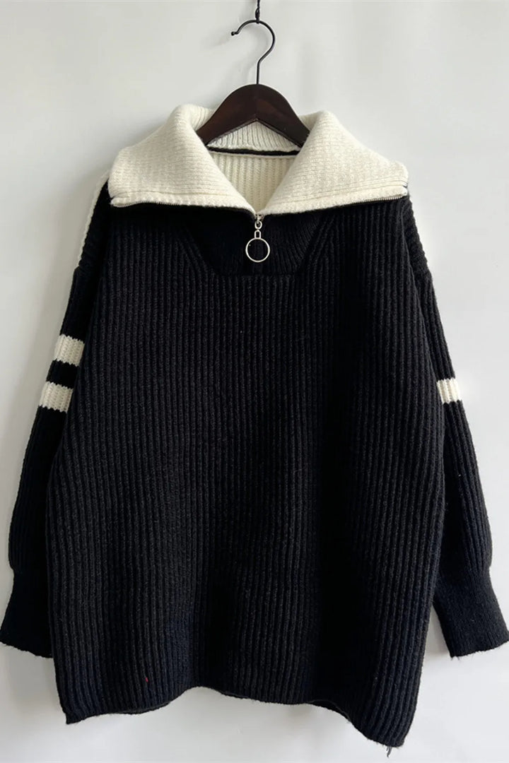 Quarter-zip ribbed knit sweater with striped sleeves