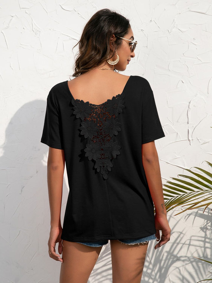 Black Floral crochet lace back short sleeve top