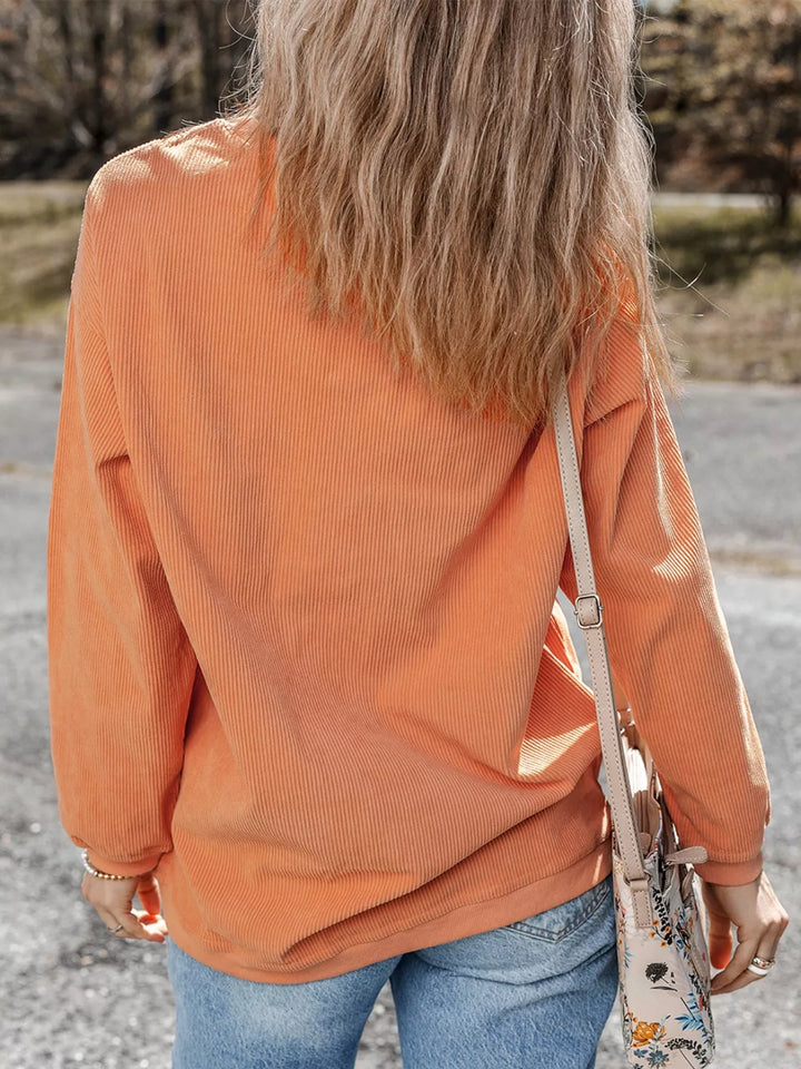 Sequin pumpkin ribbed corded crew neck sweatshirt