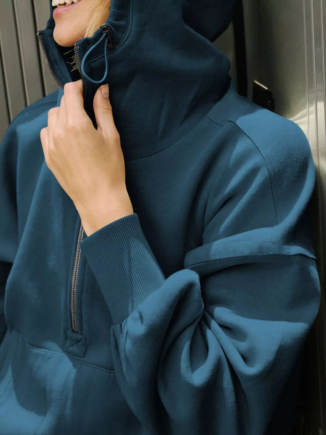 Half-zip hoodie with dropped shoulders and kangaroo pocket