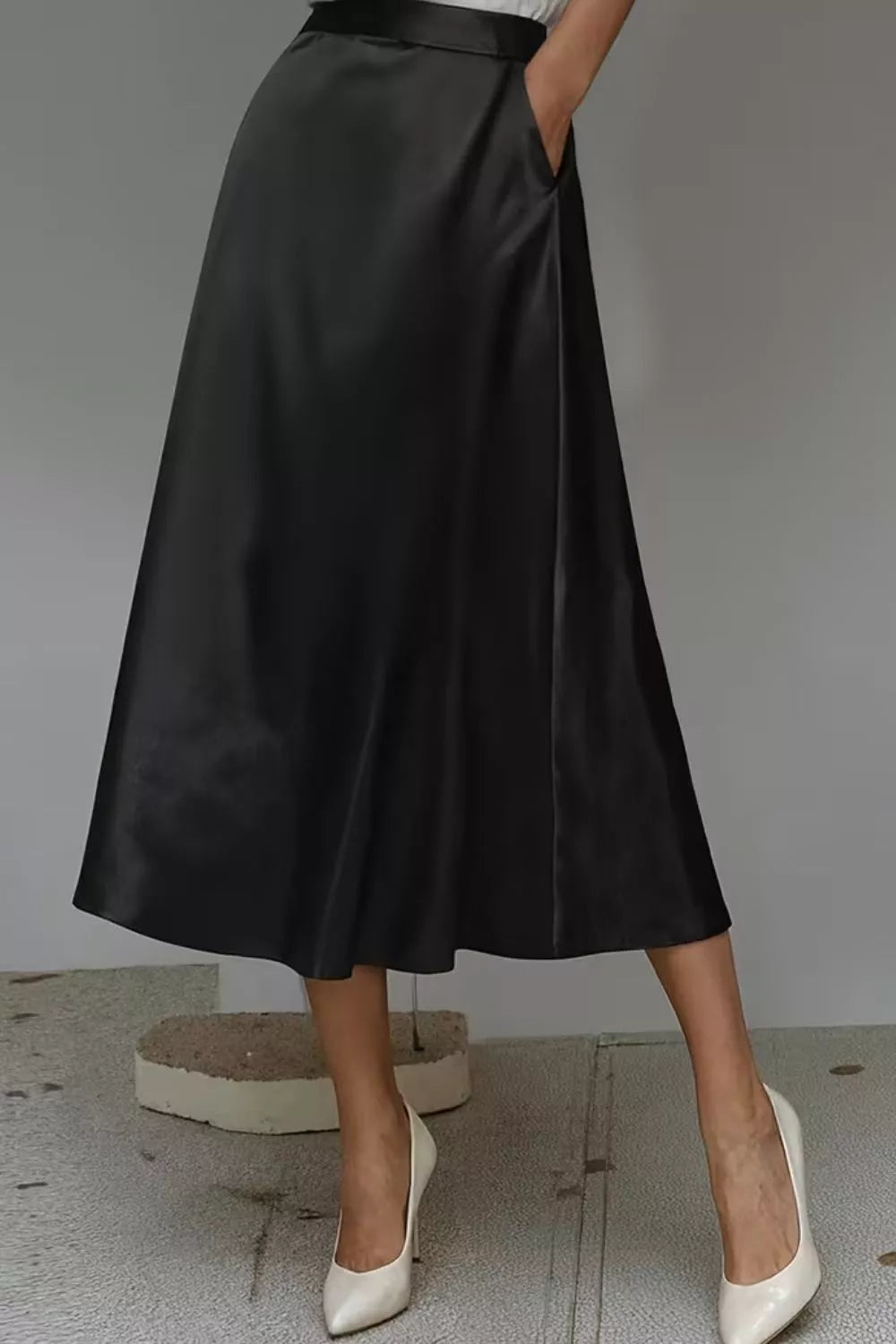 High-waist satin A-line midi skirt with pockets