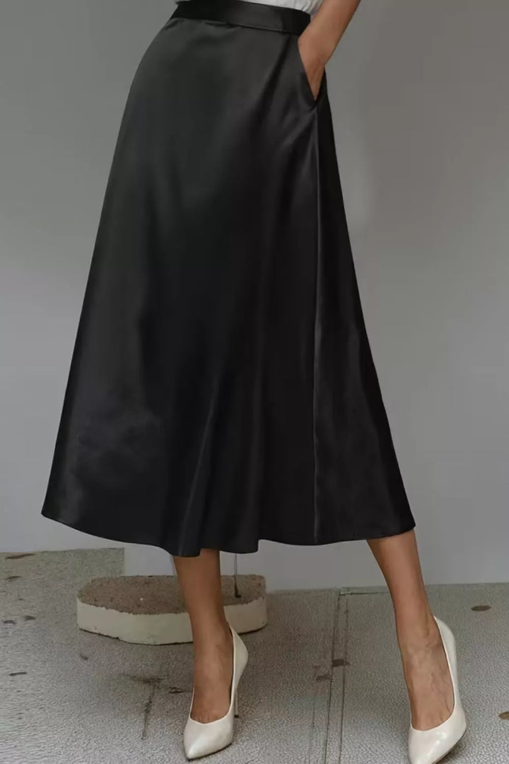 High-waist satin A-line midi skirt with pockets