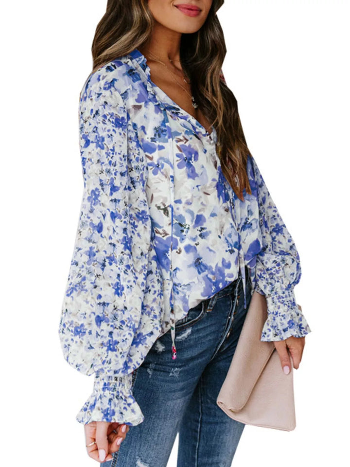 Floral print V-neck button-down blouse with smocked cuffs