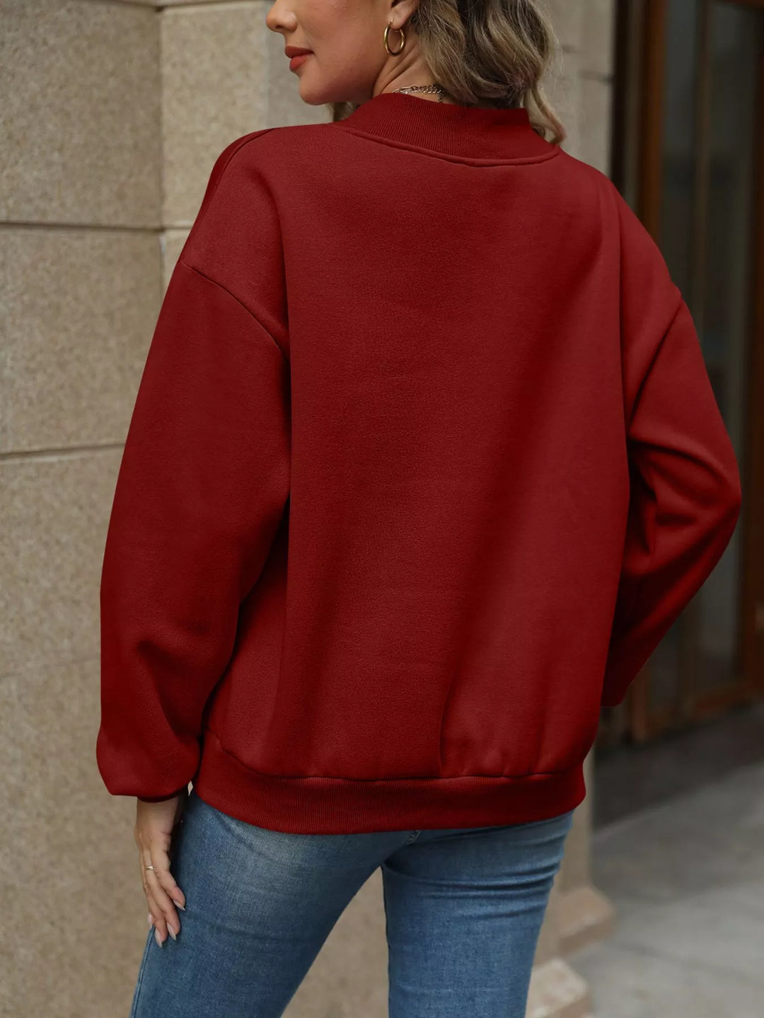 V-neck drop-shoulder pullover sweatshirt with ribbed trim