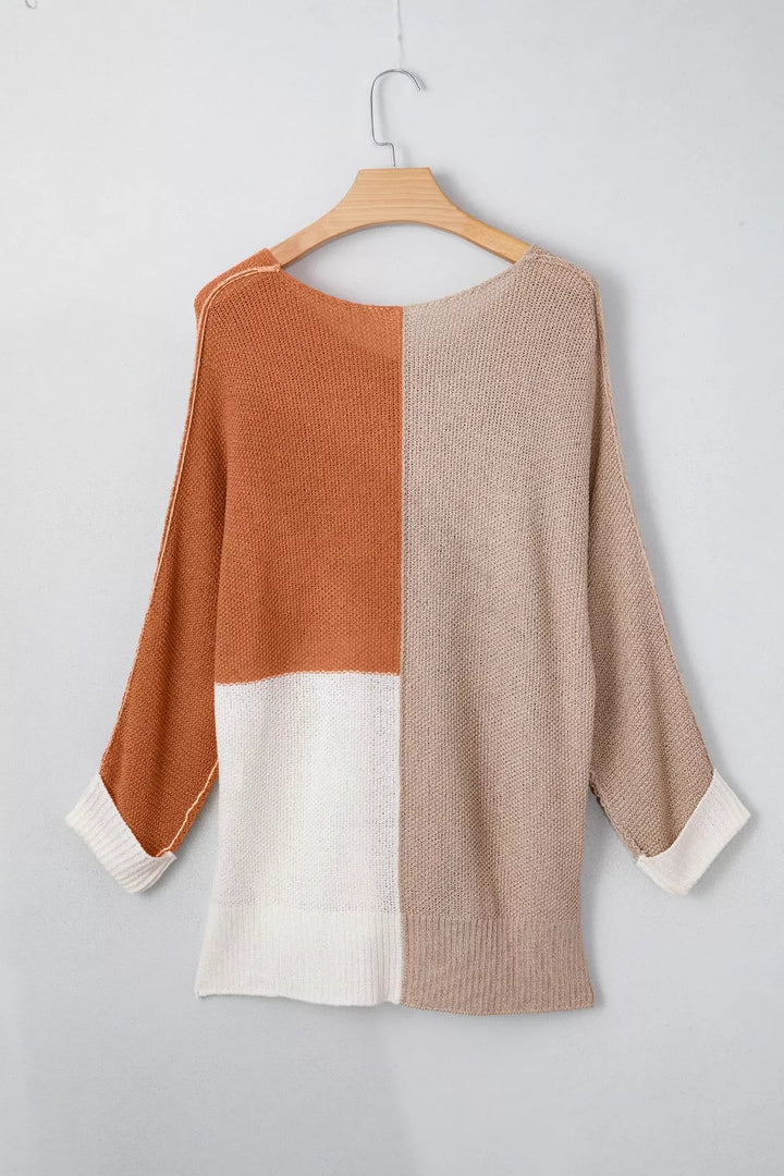 Color block ribbed knit v-neck loose sweater