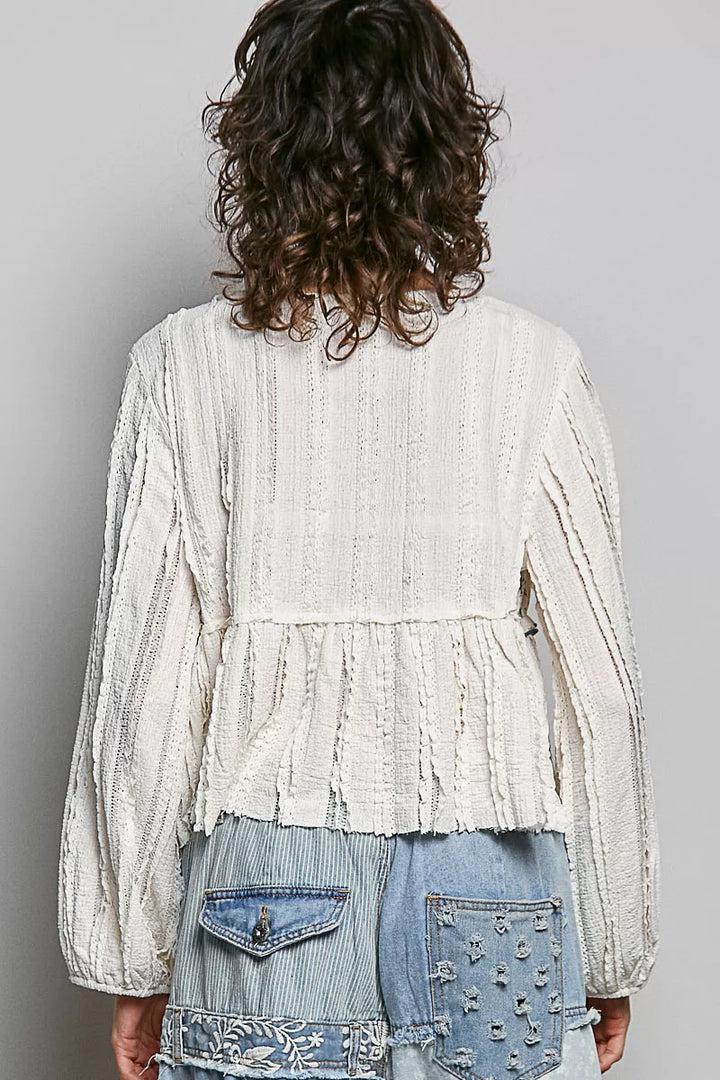 Square neck balloon sleeve boho top with floral panel