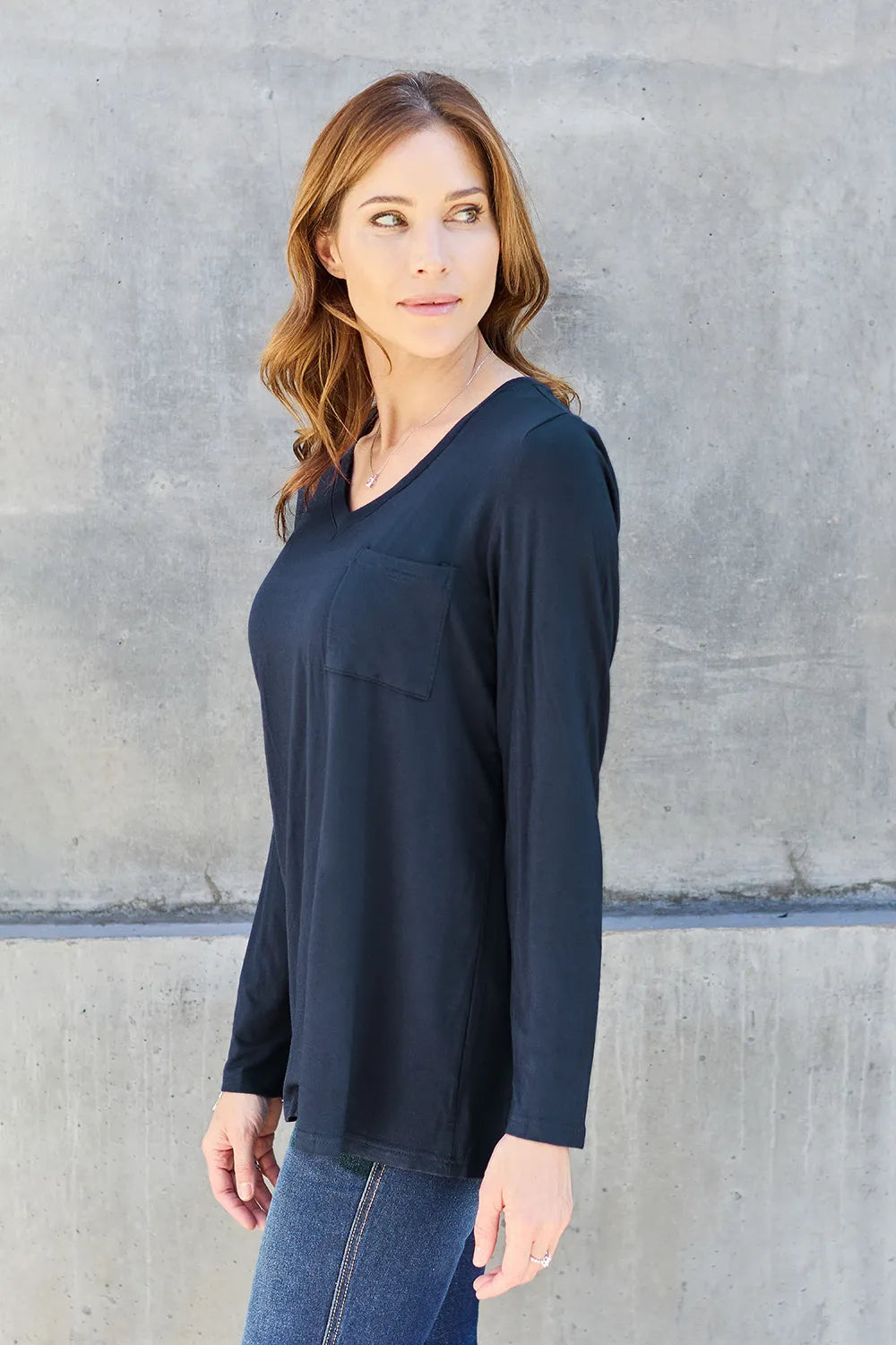 V-neck long sleeve top with chest pocket