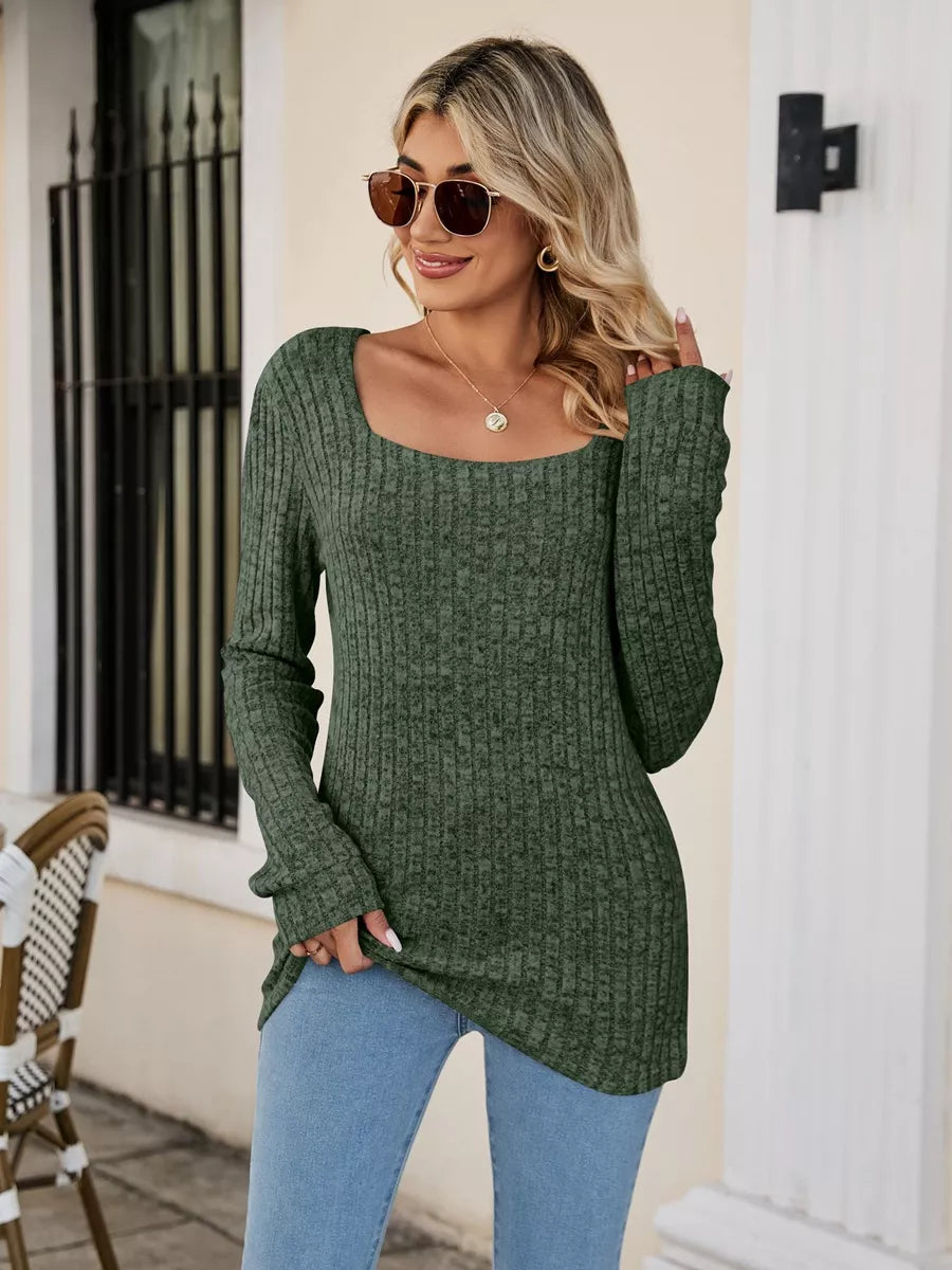 Dark Green Fitted ribbed square neck long sleeve top