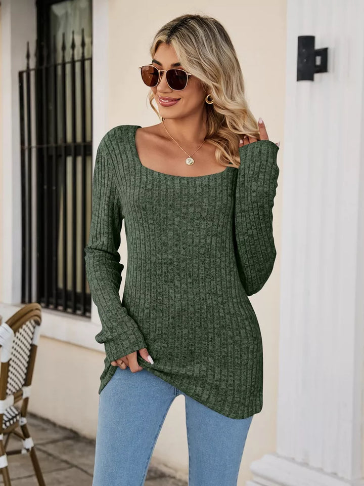Dark Green Fitted ribbed square neck long sleeve top