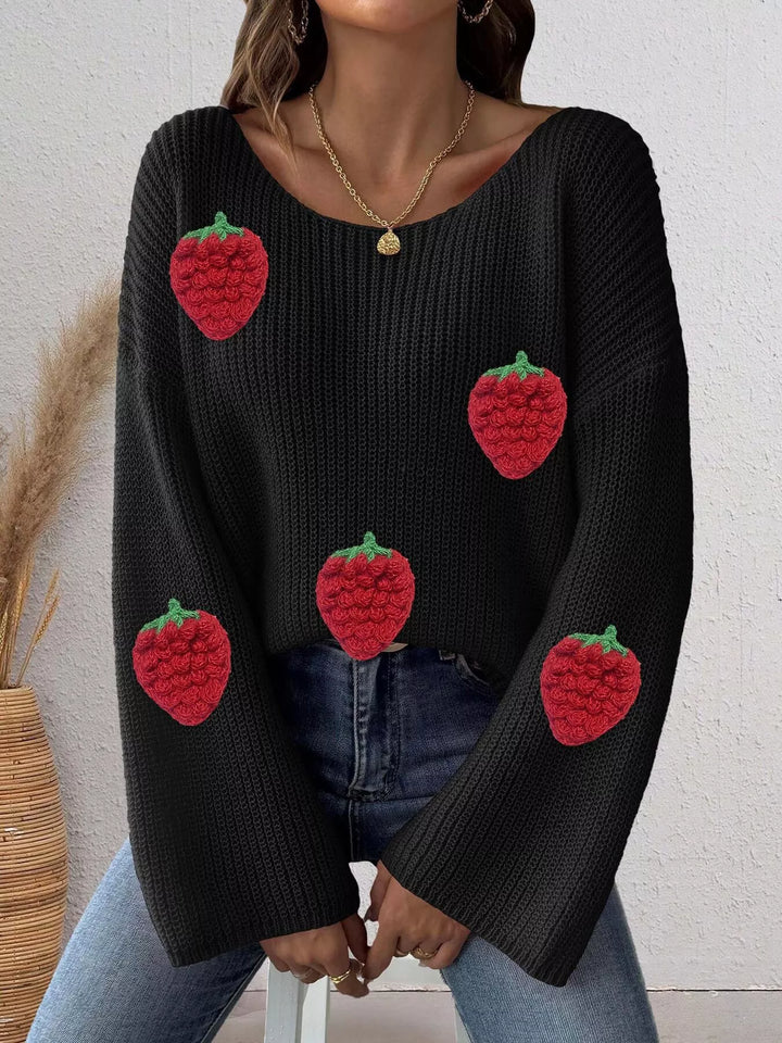 Strawberry applique ribbed knit oversized pullover sweater