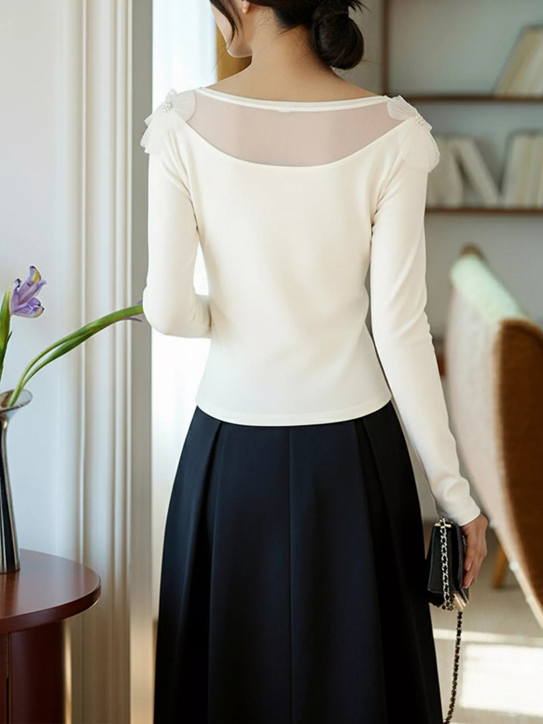 Floral appliqué mesh yoke long sleeve top