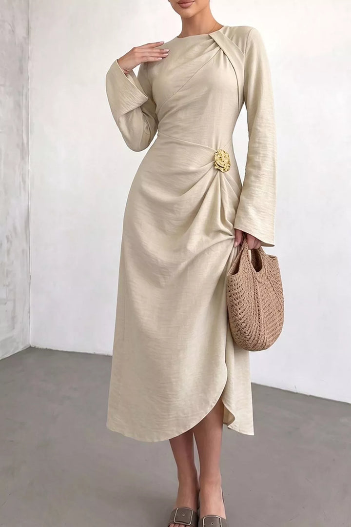 Beige Ruched waist midi dress with rosette and long sleeves