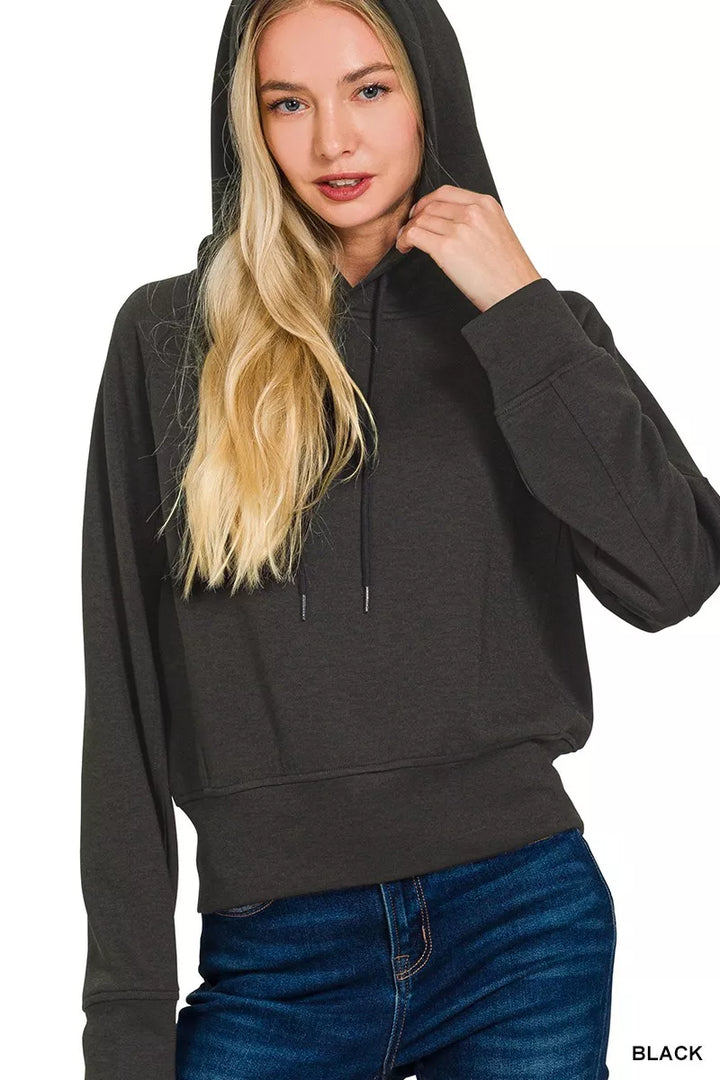 Scuba knit drawstring hoodie with ribbed cuffs and hem