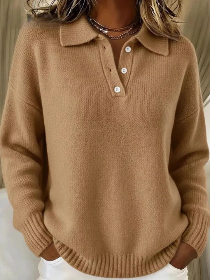 Khaki Color Dropped shoulder polo collar button knit sweater