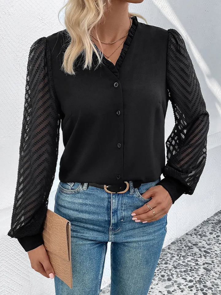 Black Sheer lace sleeve V-neck button-front blouse